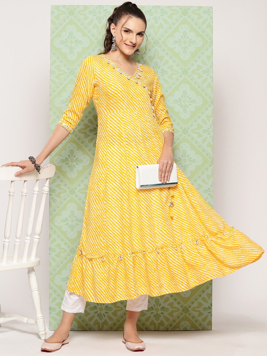

Yufta Leheriya Printed Mirror Work Anarkali Kurta, Yellow