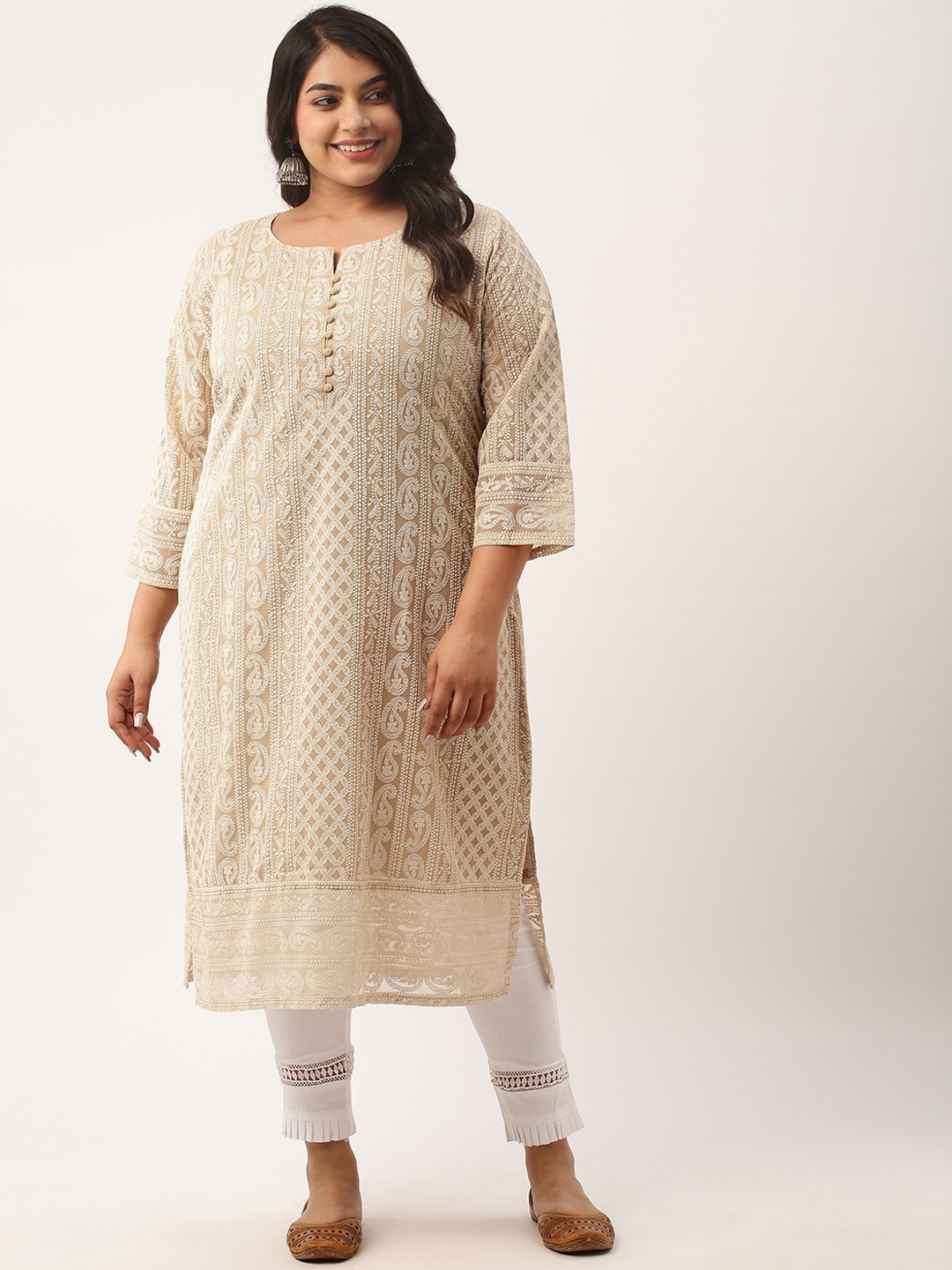 

Zola Plus Paisely Embroidered Thread Work Kurta, Khaki