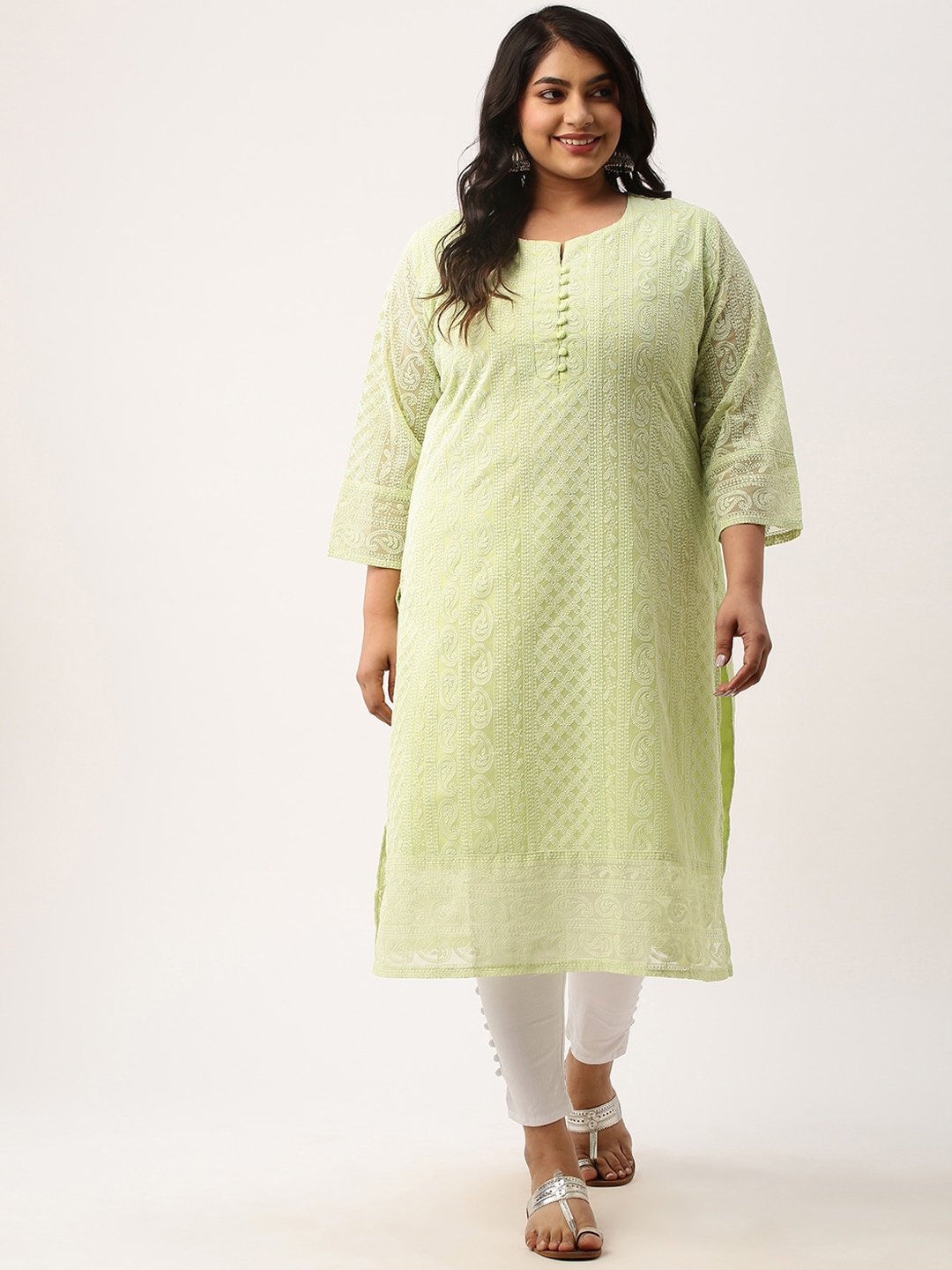 

Zola Plus Ethnic Motifs Embroidered Chikankari Georgette Kurta, Green