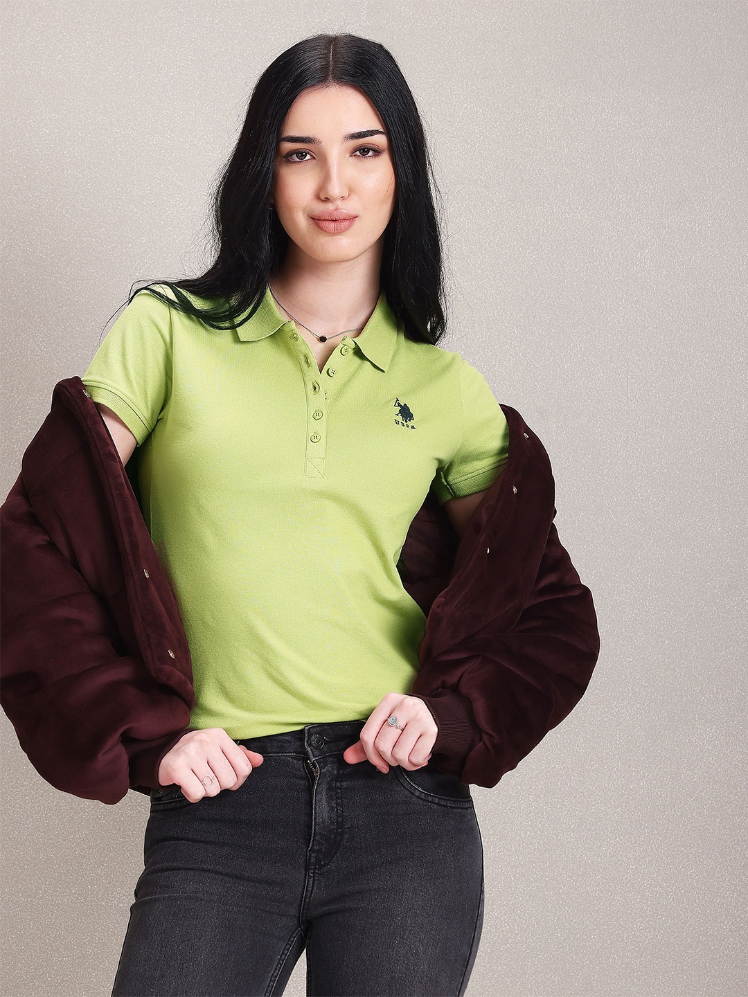 

U.S. Polo Assn. Women Polo Collar Cotton Regular Fit T-shirt, Green