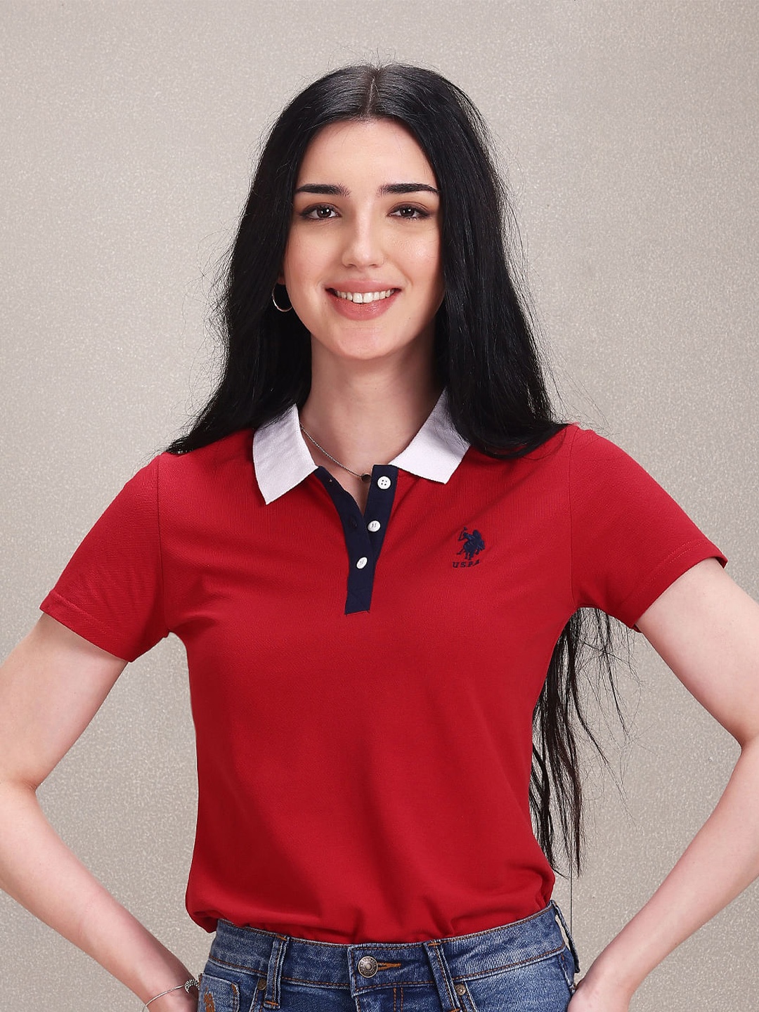 

U.S. Polo Assn. Women Polo Collar Cotton Regular Fit T-shirt, Red