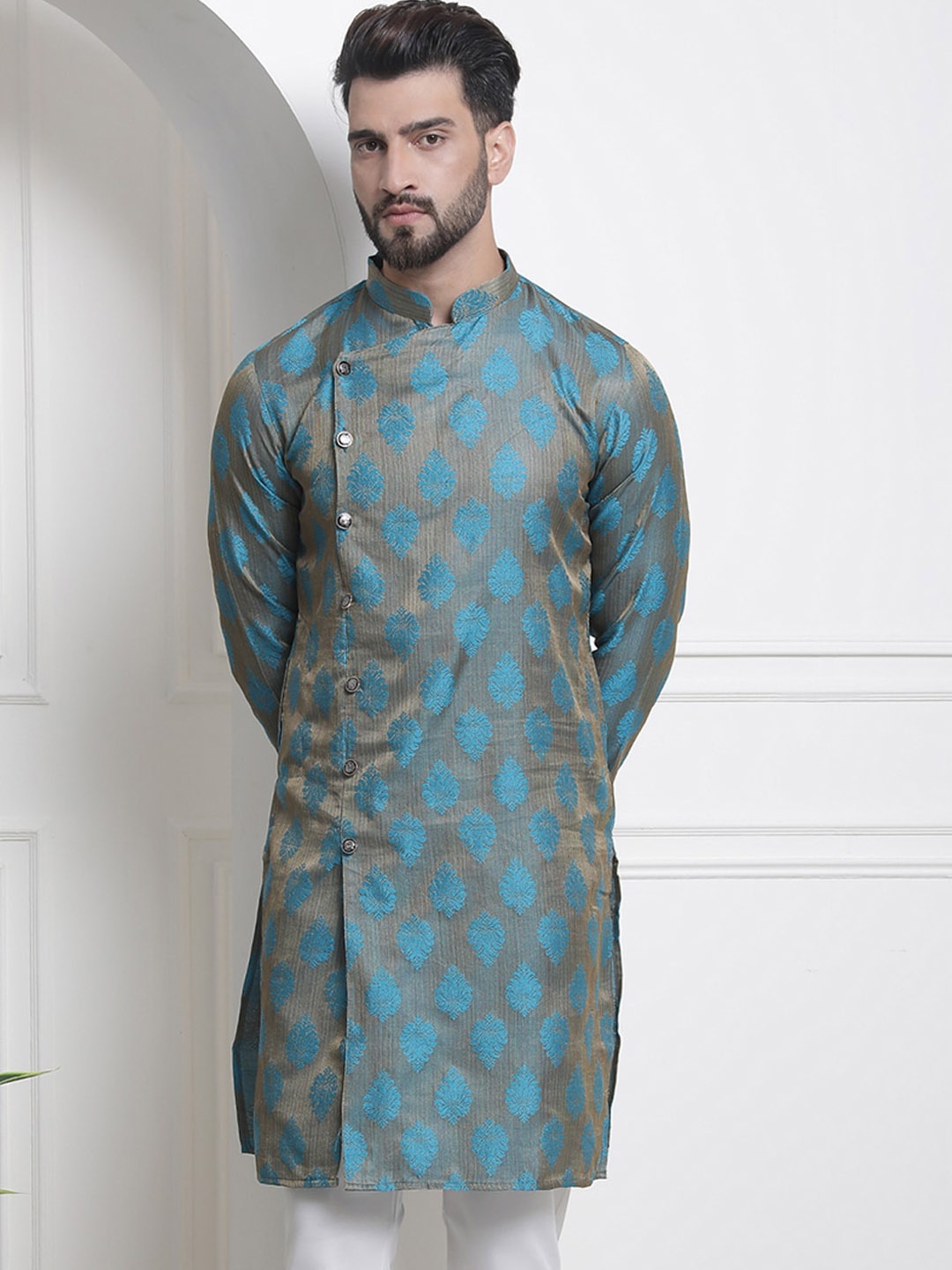 

SOJANYA Ethnic Motifs Woven Design Mandarin Collar Jacquard Kurta, Blue