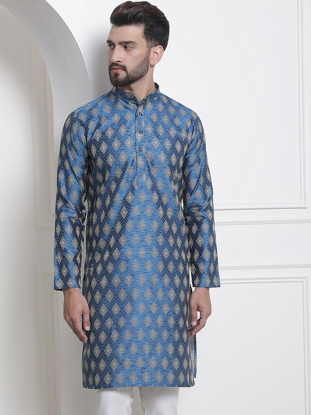 

SOJANYA Ethnic Motifs Woven Design Jacquard Straight Kurta, Blue