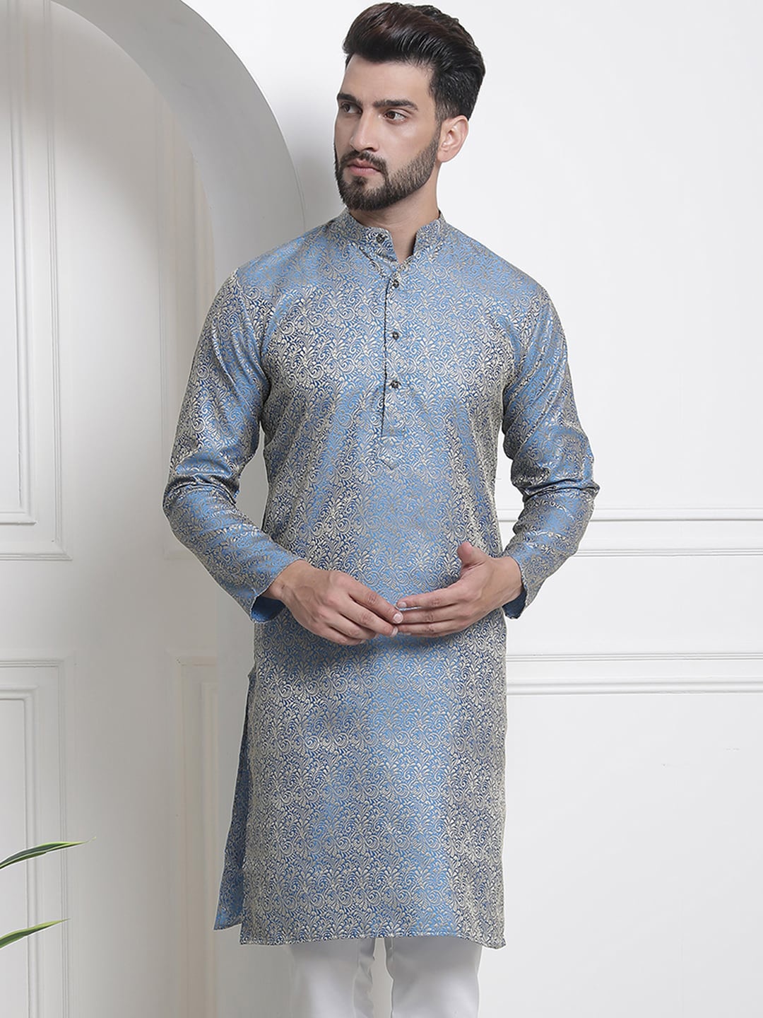 

SOJANYA Ethnic Motifs Woven Design Mandarin Collar Kurta, Blue