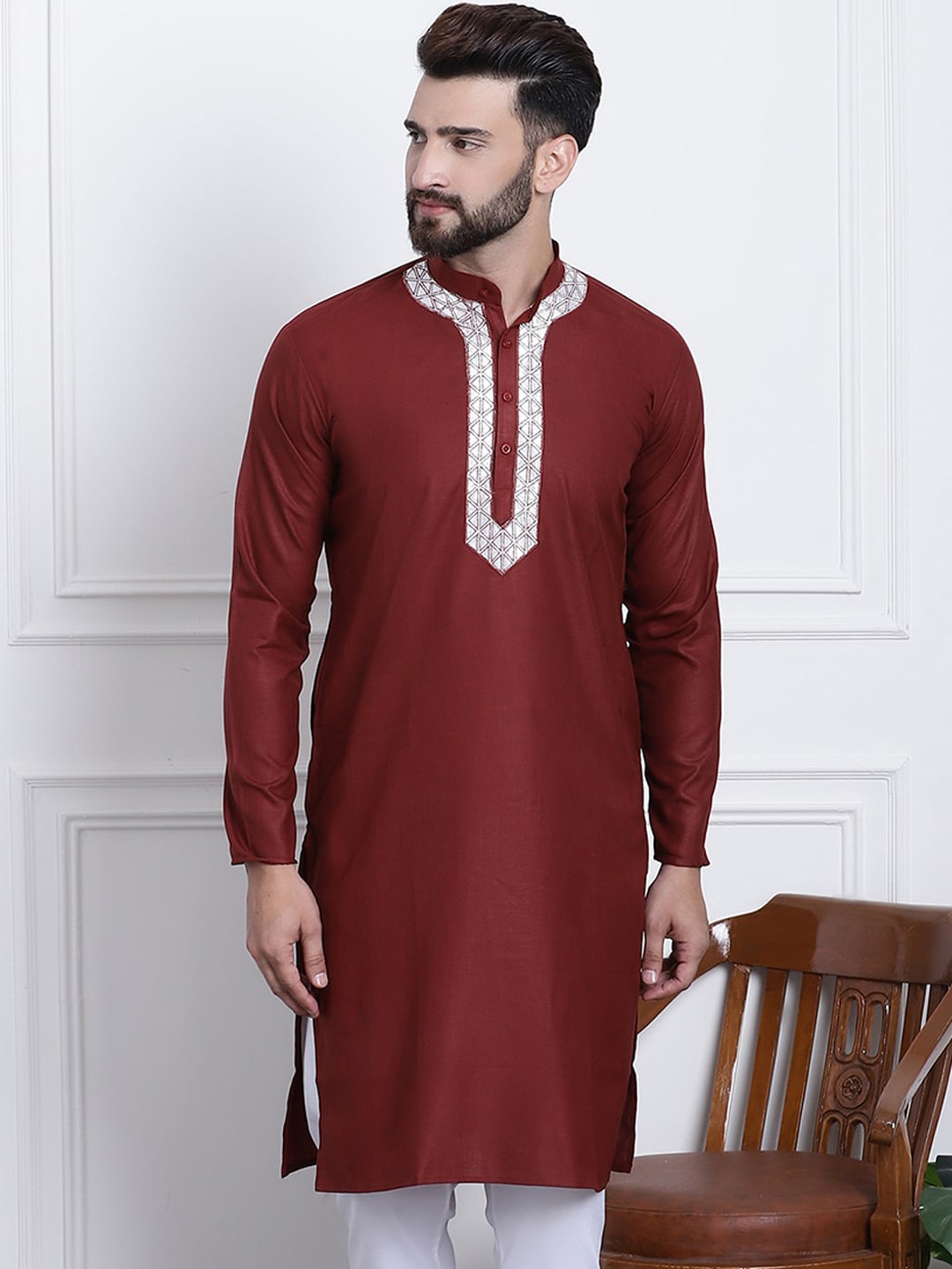 

SOJANYA Mandarin Collar Cotton Kurta, Maroon