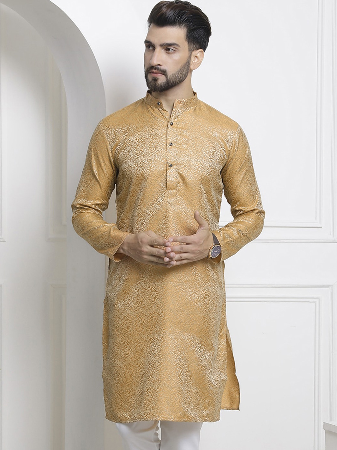 

SOJANYA Ethnic Motifs Woven Design Mandarin Collar Jacquard Kurta, Mustard