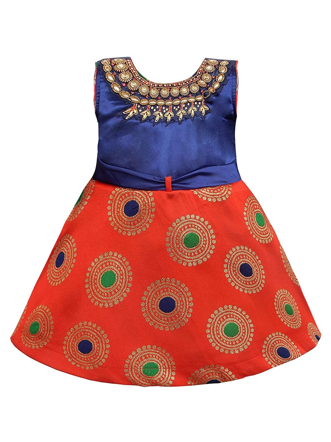 

Wish Karo Ethnic Motifs Printed Embellished Silk Fit & Flare Dress, Navy blue