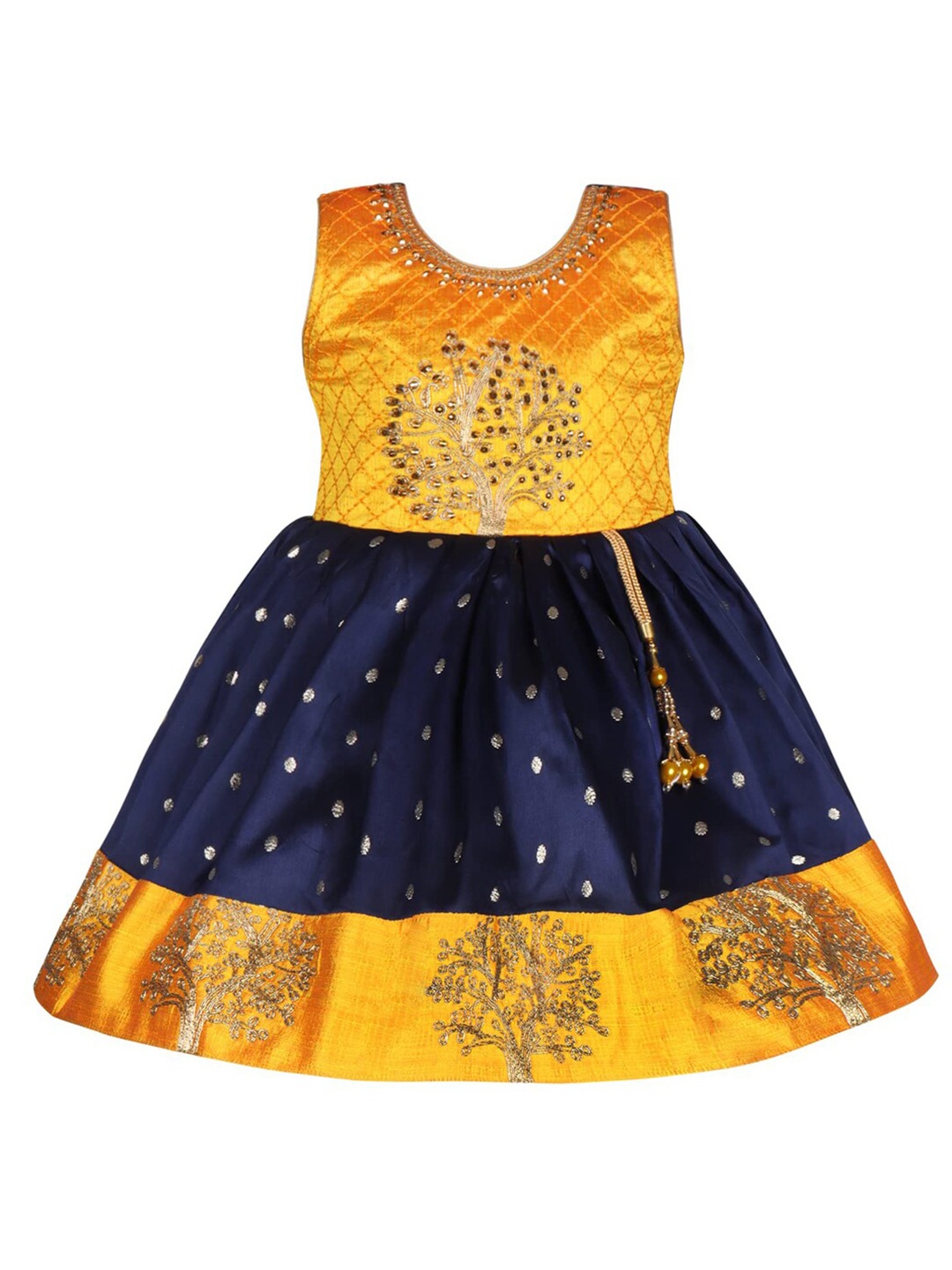 

Wish Karo Girls Self Design Sleeveless Sequinned Satin Fit & Flare Dress, Navy blue