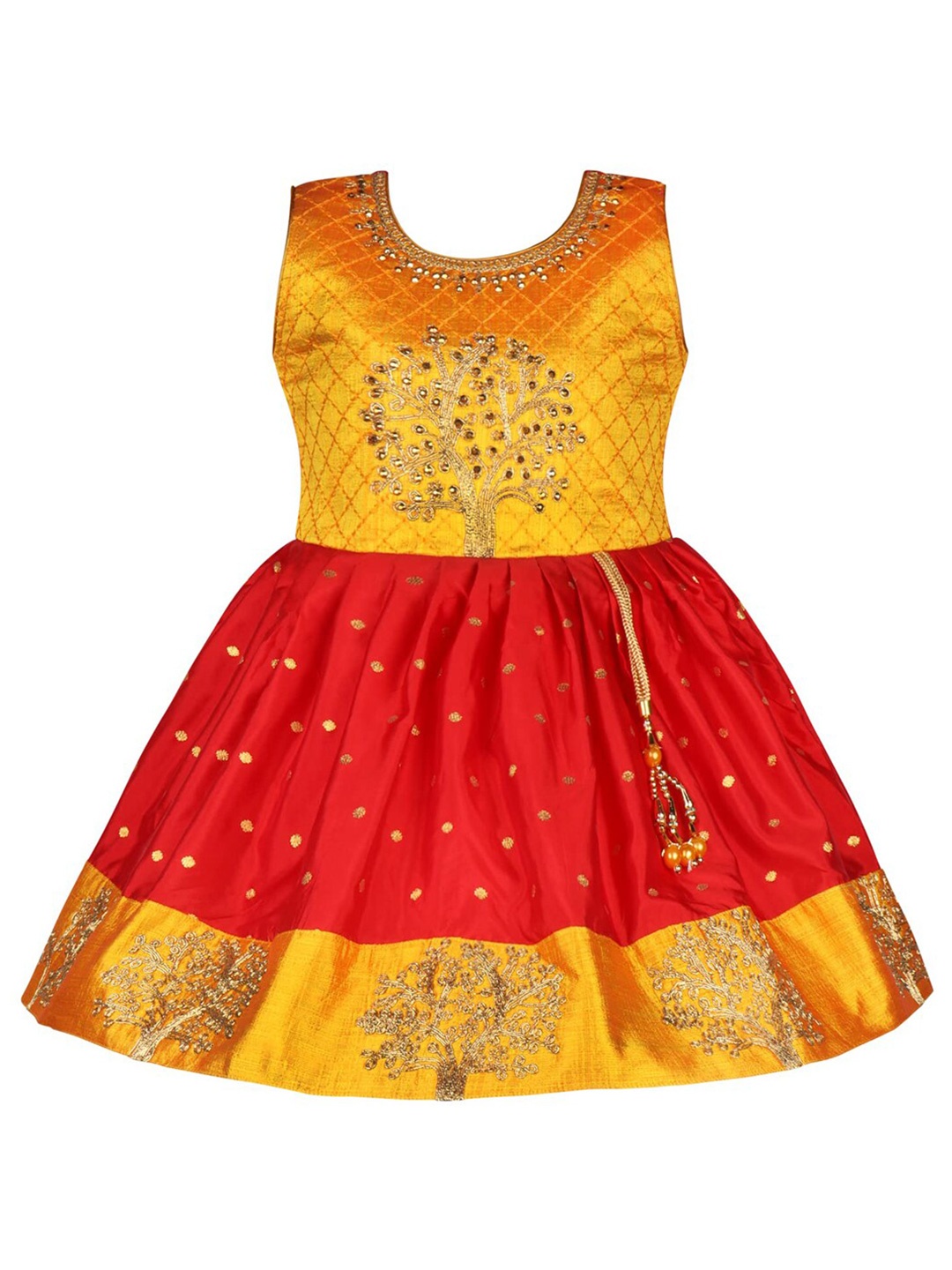 

Wish Karo Girls Self Design Sleeveless Sequinned Satin Fit & Flare Dress, Red