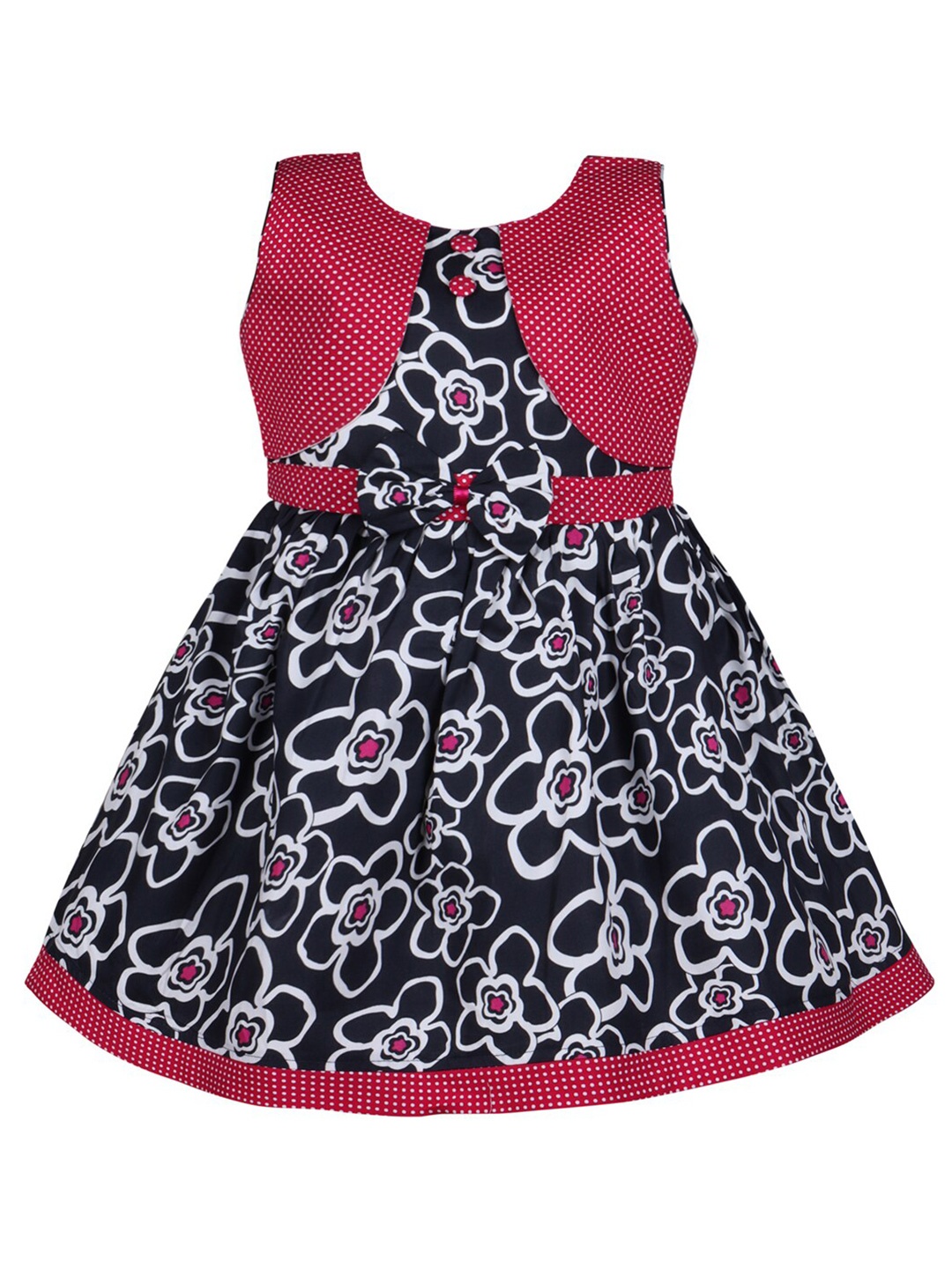 

Wish Karo Girls Floral Printed Sleeveless Belted Cotton Fit & Flare Dress, Black
