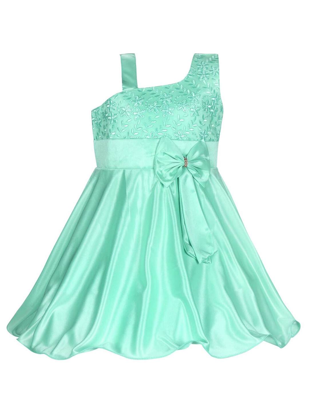 

Wish Karo Girls One Shoulder Sleeveless Embroidered Satin Fit & Flare Dress, Green