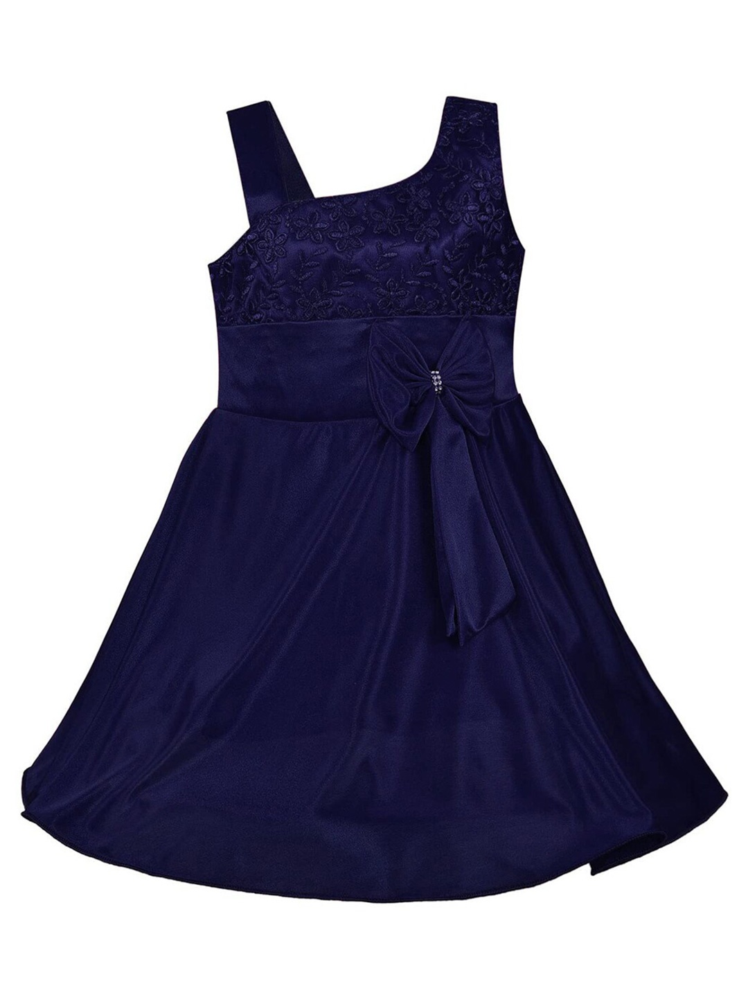 

Wish Karo Girls One Shoulder Sleeveless Embroidered Satin Fit & Flare Dress, Navy blue