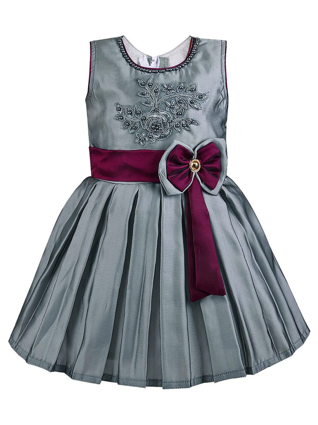 

Wish Karo Girls Sleeveless Embroidered Satin Fit & Flare Dress, Grey