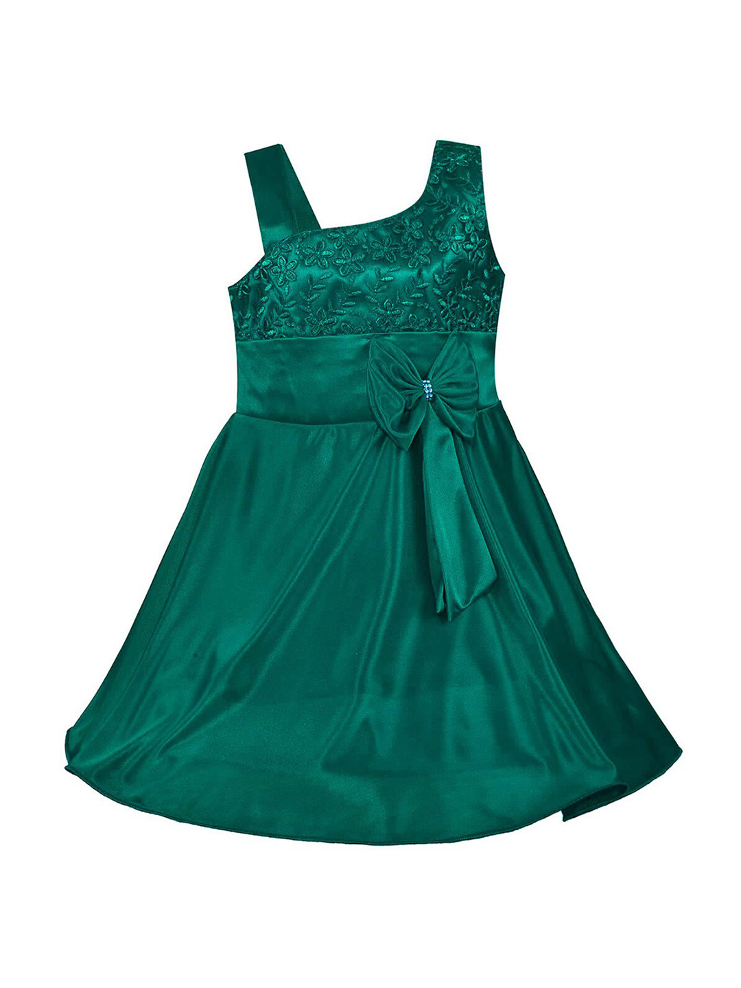 

Wish Karo Girls One Shoulder Sleeveless Embroidered Satin Fit & Flare Dress, Green