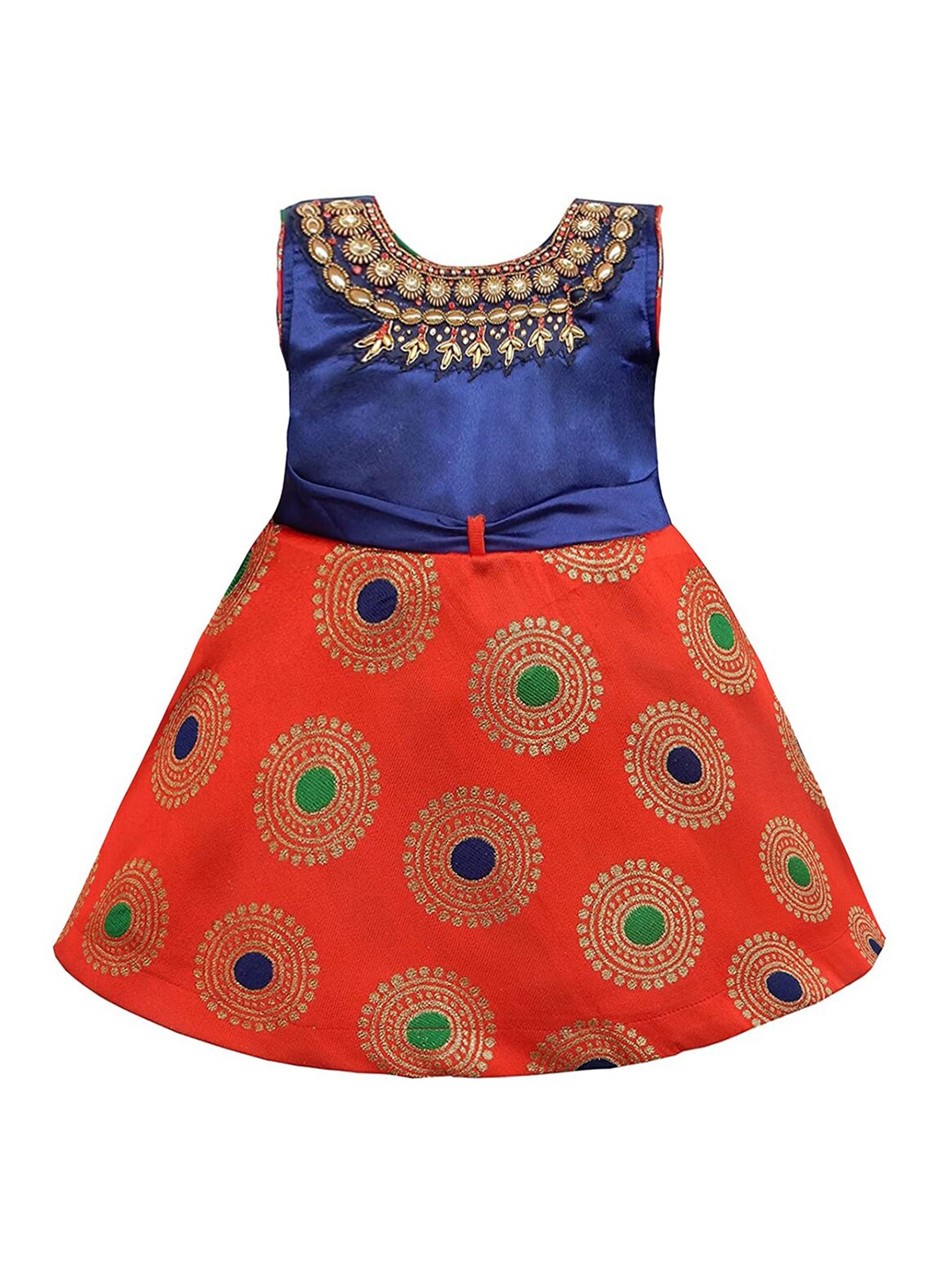 

Wish Karo Girls Ethnic Printed Embellished Tie-Up Silk A-Line Dress, Navy blue