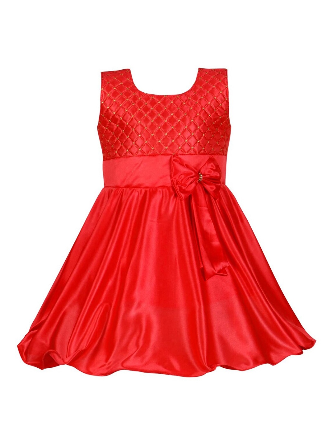

Wish Karo Girls Embroidered Tie-Up Round Neck Silk A-Line Dress, Red