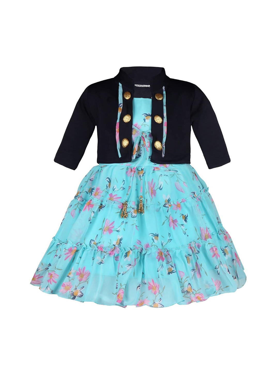 

Wish Karo Girls Floral Printed Tiered Tie-Up Georgette A-Line Dress With Jacket, Sea green