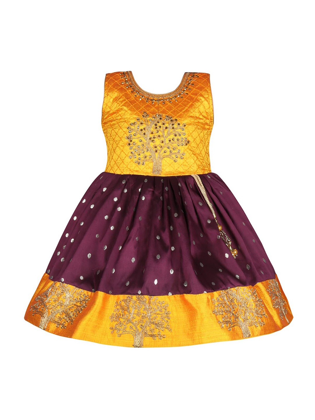 

Wish Karo Girls Ethnic Embroidered Round Neck Tie -Up Silk A-Line Dress, Yellow