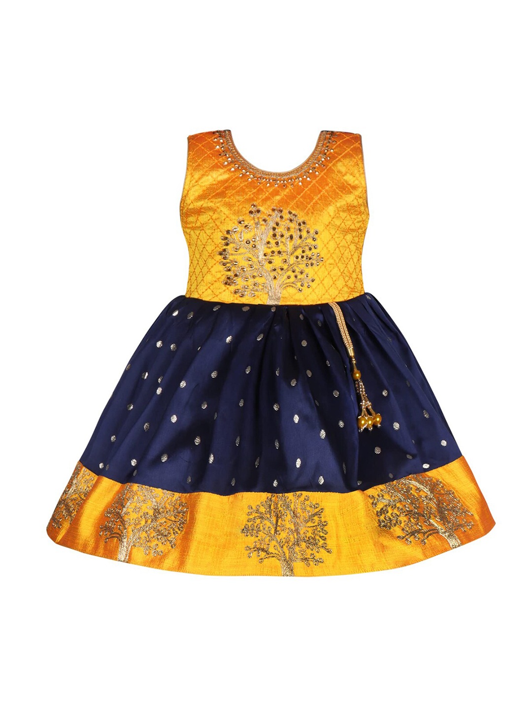 

Wish Karo Girls Ethnic Embroidered Round Neck Tie -Up Silk A-Line Dress, Navy blue