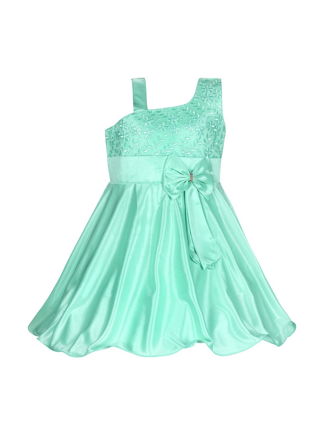 

Wish Karo Girls Floral Embroidered Tie-Ups One Shoulder Silk A-Line Dress, Green