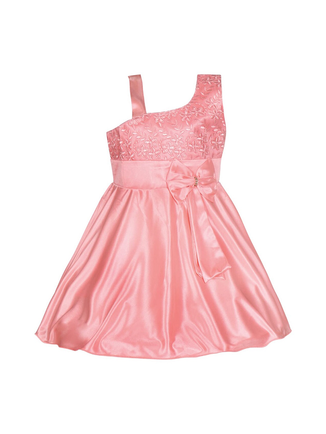 

Wish Karo Girls Floral Embroidered One Shoulder Neck Tie-Up Silk A-Line Dress, Peach