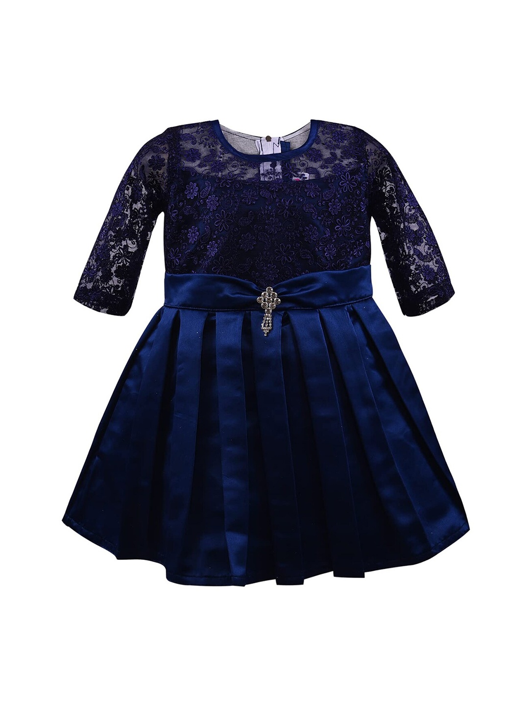 

Wish Karo Girls Floral Embroidered Round Neck Tie -Up Silk A-Line Dress, Navy blue