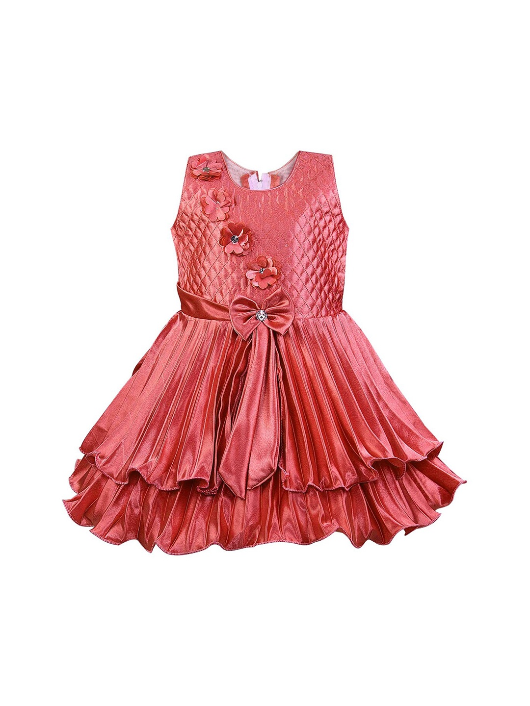 

Wish Karo Layered Embellished Round Neck Tie- Up A-Line Dress, Rust