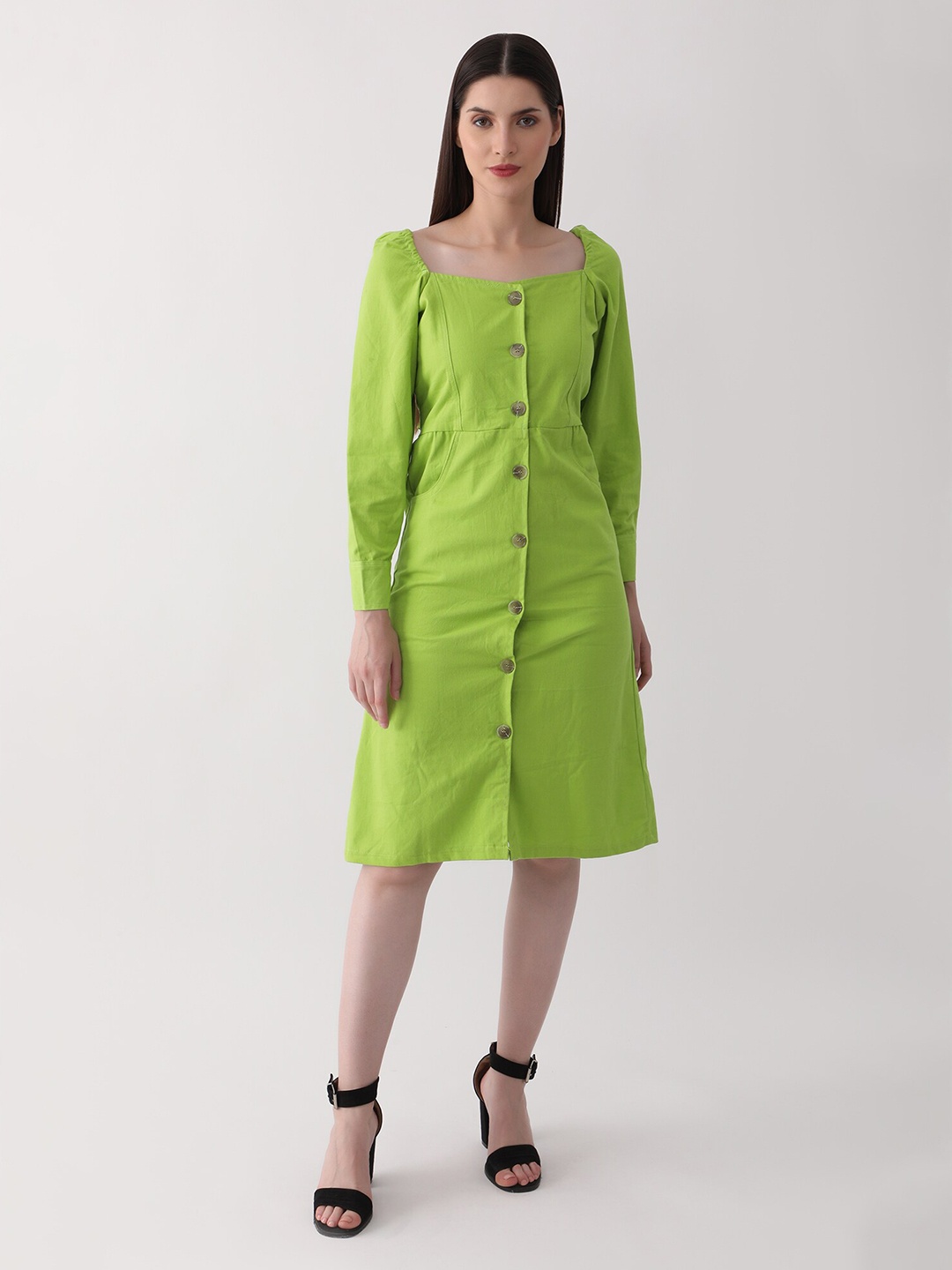 

DKGF FASHION Square Neck Cuffed Sleeves Cotton A-Line Dress, Green