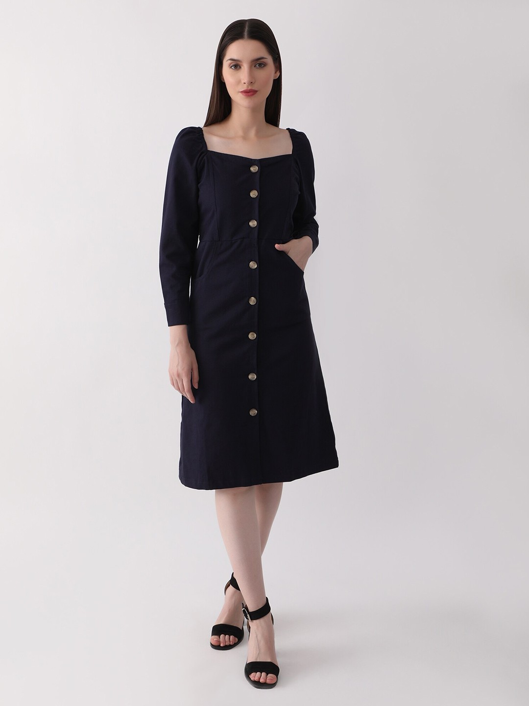 

DKGF FASHION Square Neck Cuffed Sleeves Cotton A-Line Dress, Blue