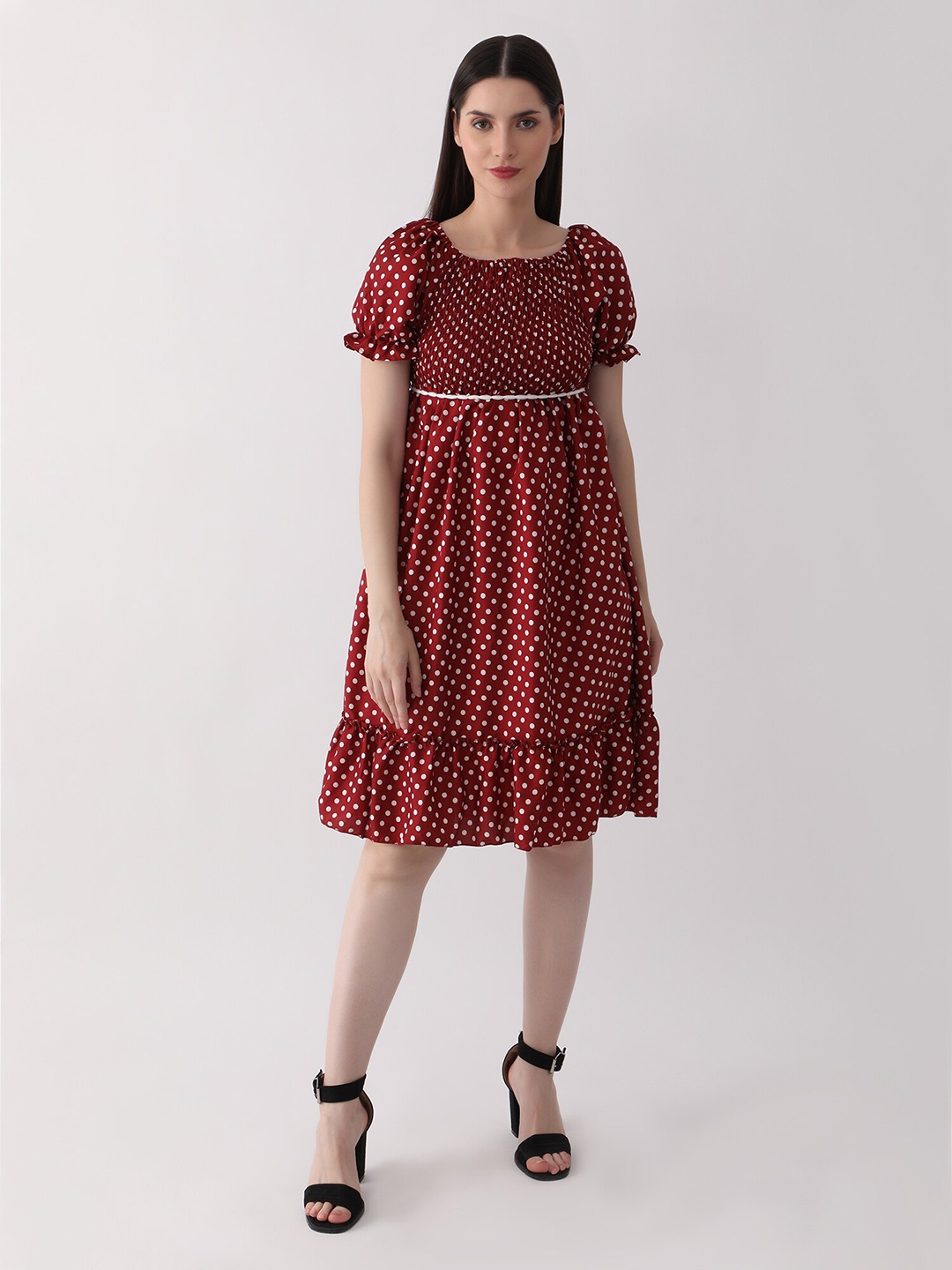 

DKGF FASHION Polka Dots Printed Puff Sleeves Smocked Detail Empire Dress, Maroon