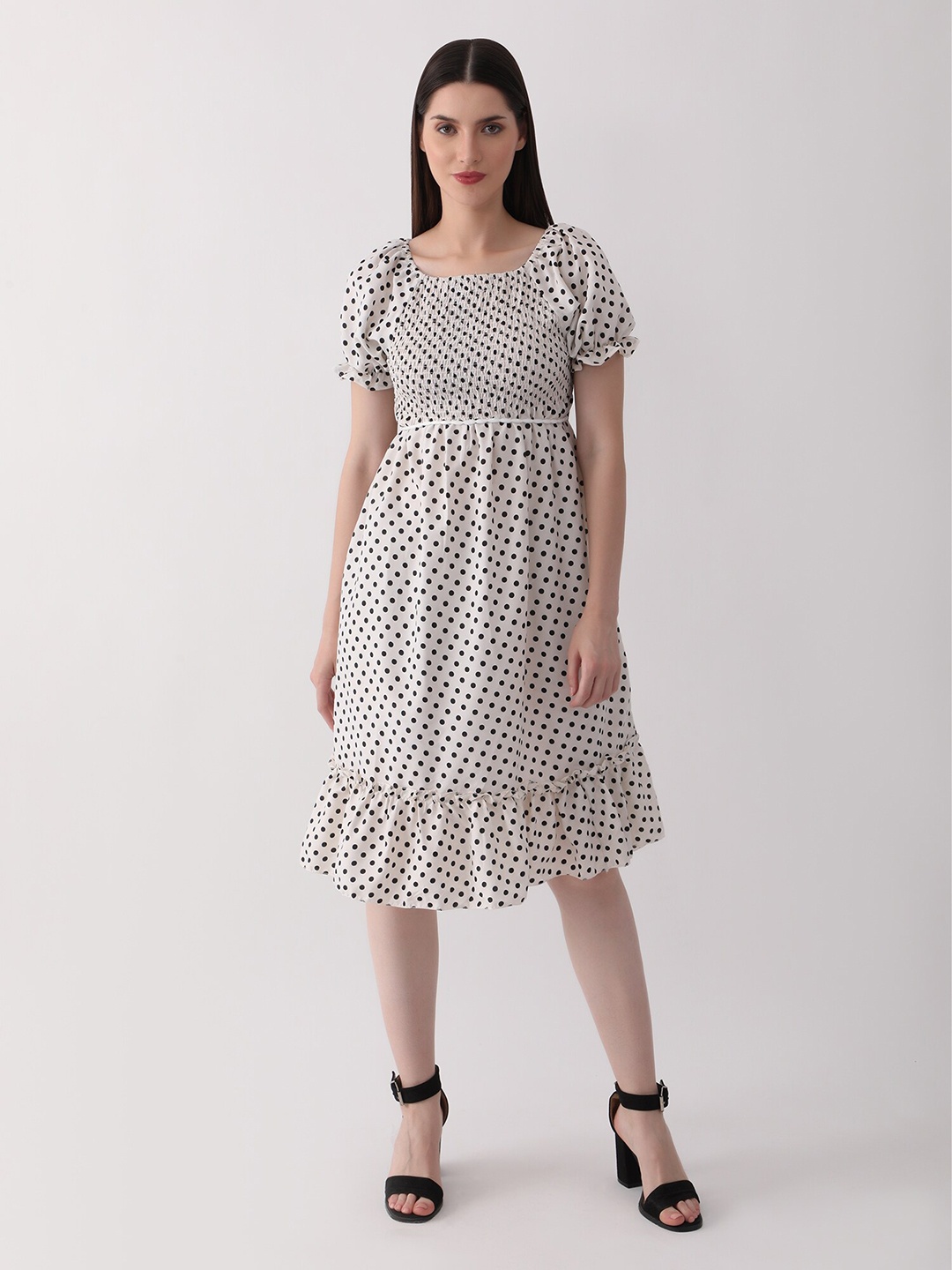 

DKGF FASHION Polka Dots Printed Puff Sleeves Smocked Detail Empire Dress, White