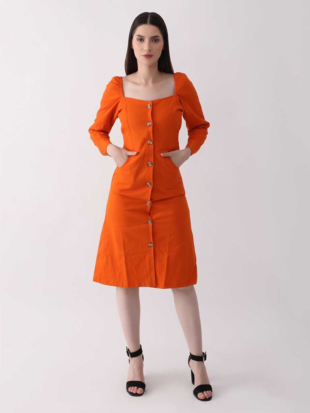 

DKGF FASHION Square Neck Cuffed Sleeves Cotton A-Line Dress, Orange