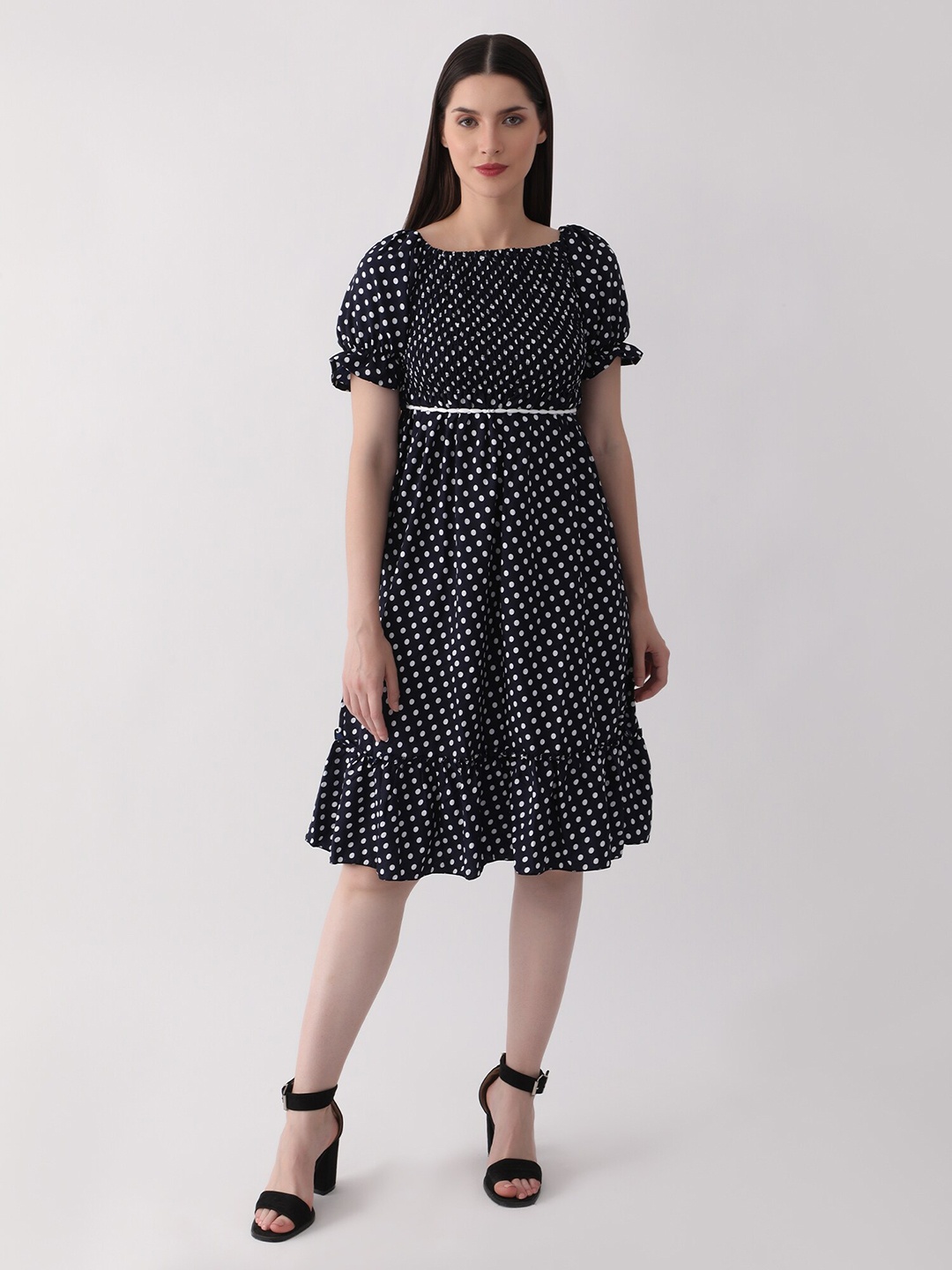 

DKGF FASHION Polka Dots Printed Puff Sleeves Smocked Detail Empire Dress, Blue