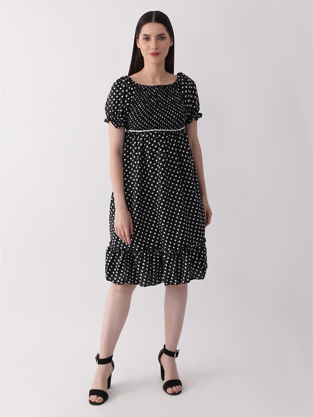 

DKGF FASHION Polka Dots Printed Puff Sleeves Smocked Detail Empire Dress, Black