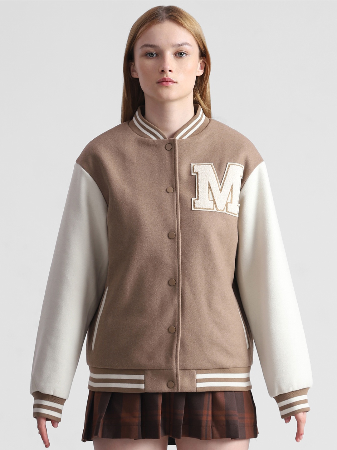 

ONLY M Detail Patchwork Bomber Jacket, Brown