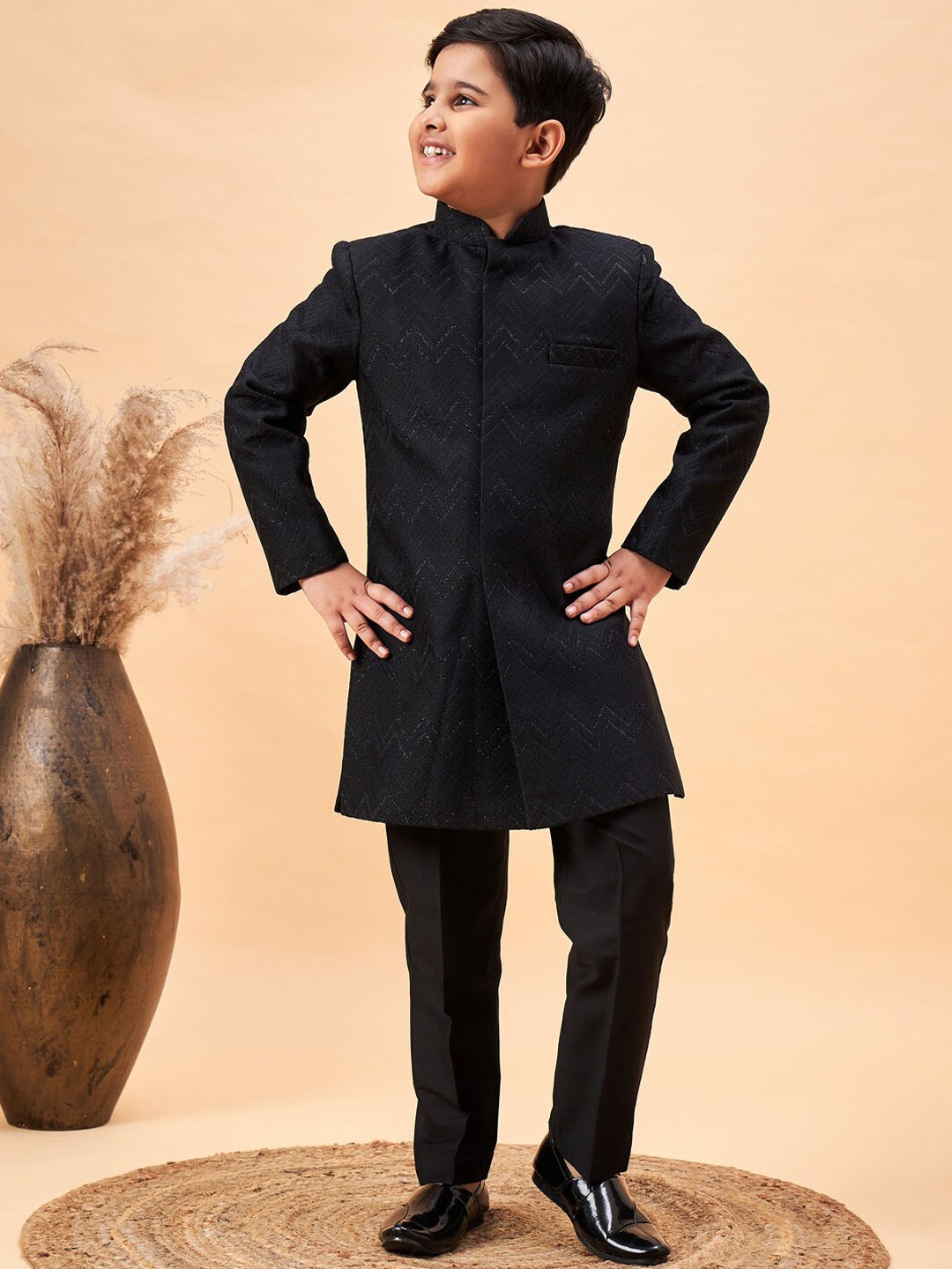 

VASTRAMAY Boys Self Design Mandarin Collar Sherwani Set, Black