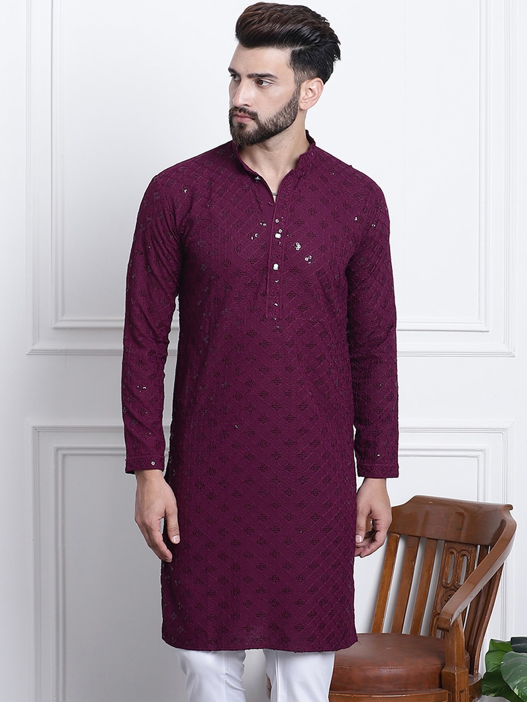 

SOJANYA Embellished Mandarin Collar Pure Cotton Kurta, Purple