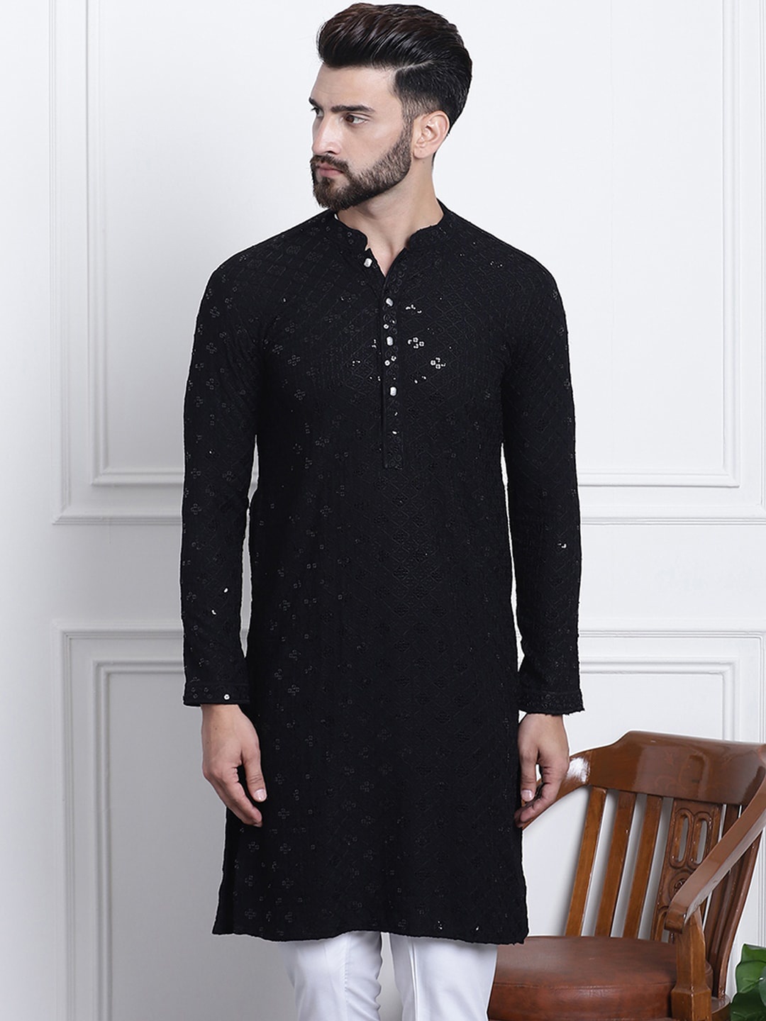 

SOJANYA Sequin Embellished Pure Cotton Kurta, Black