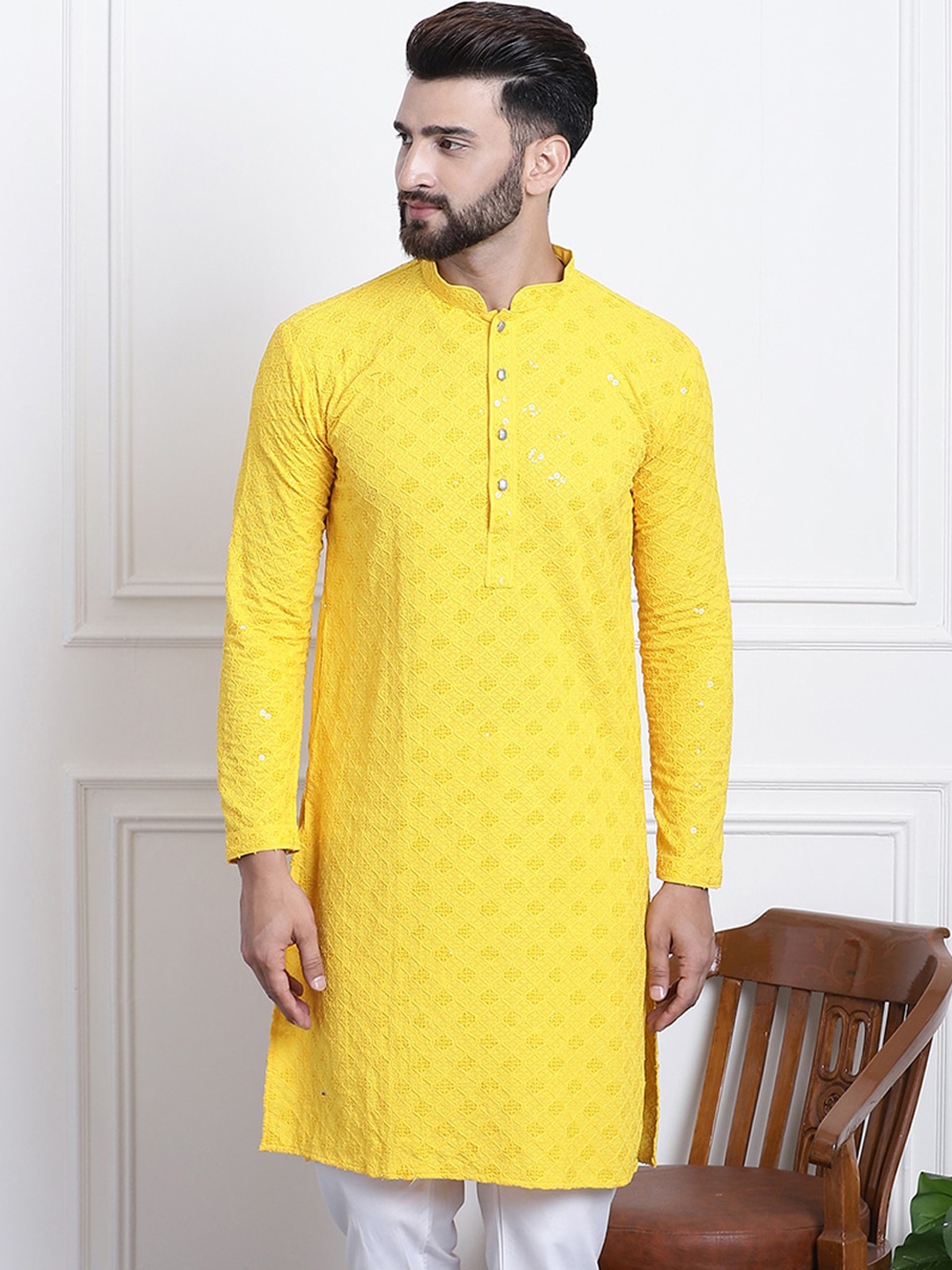 

SOJANYA Sequin Embellished Pure Cotton Kurta, Yellow