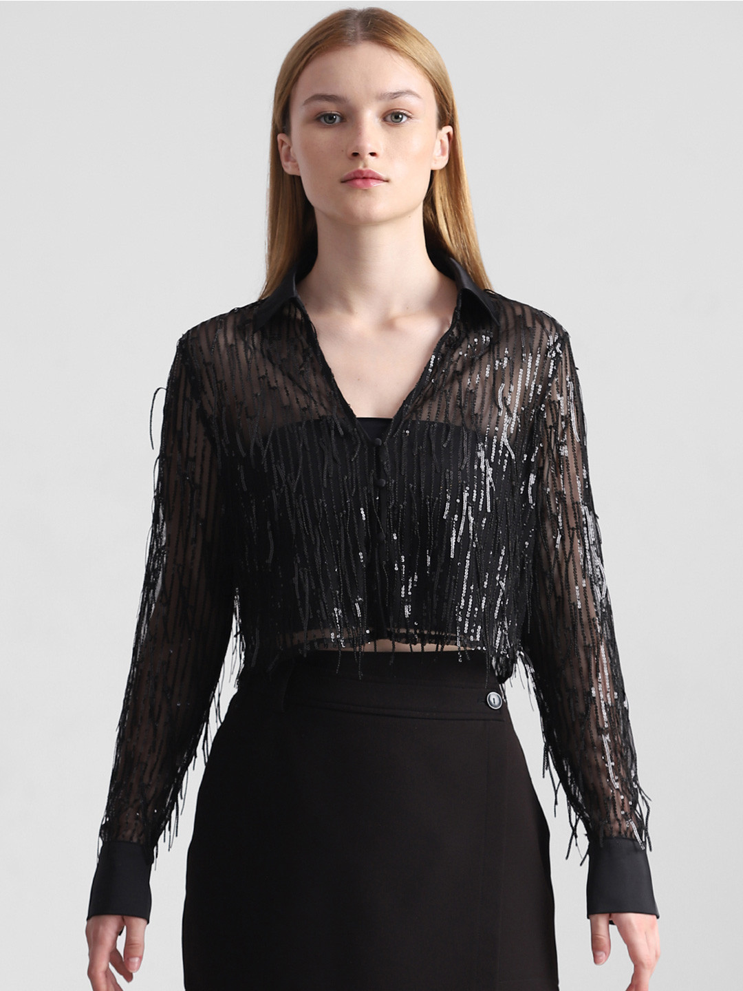 

ONLY Women Embellished Semi Sheer Crop Party Shirt, Black
