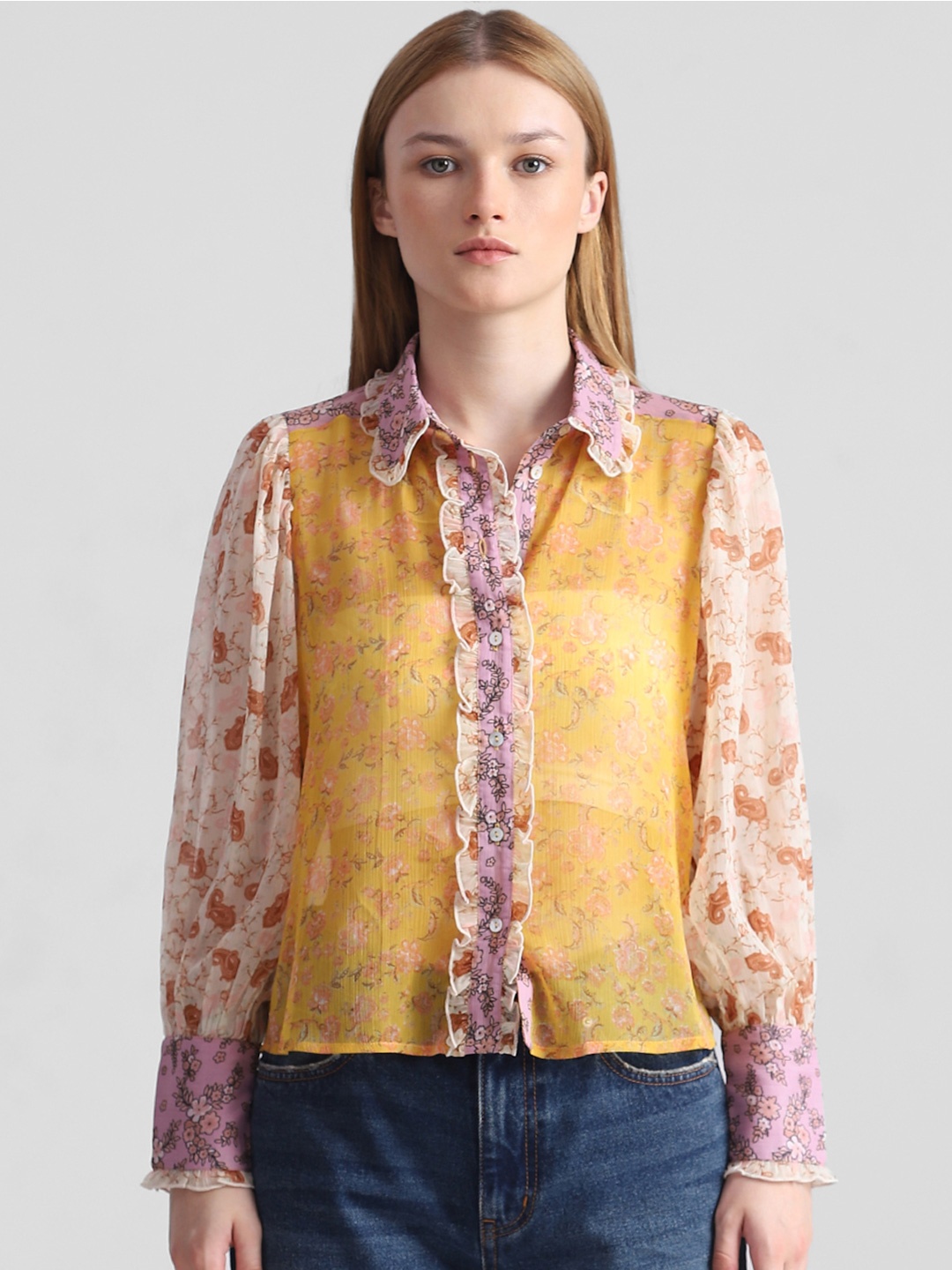 

ONLY Women Floral Printed Semi Sheer Casual Shirt, Yellow
