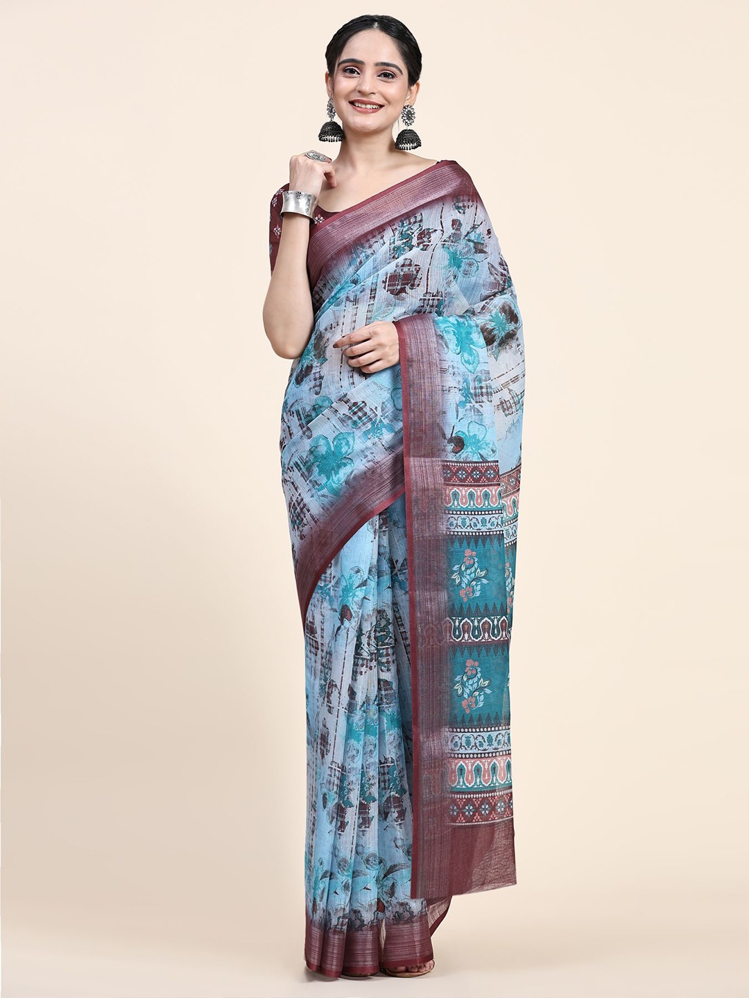 

RACHNA Abstract Printed Zari Linen Blend Saree, Green