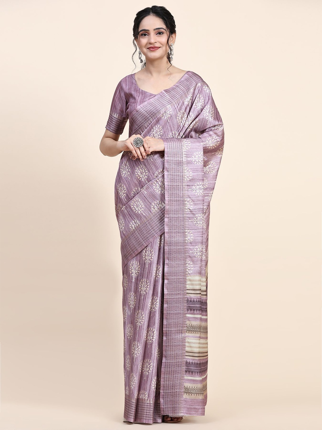 

RACHNA Ethnic Motifs Printed Pure Silk Tussar Saree, Purple
