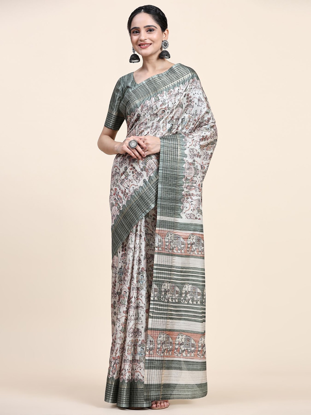 

RACHNA Ethnic Motifs Pure Silk Tussar Saree, Green