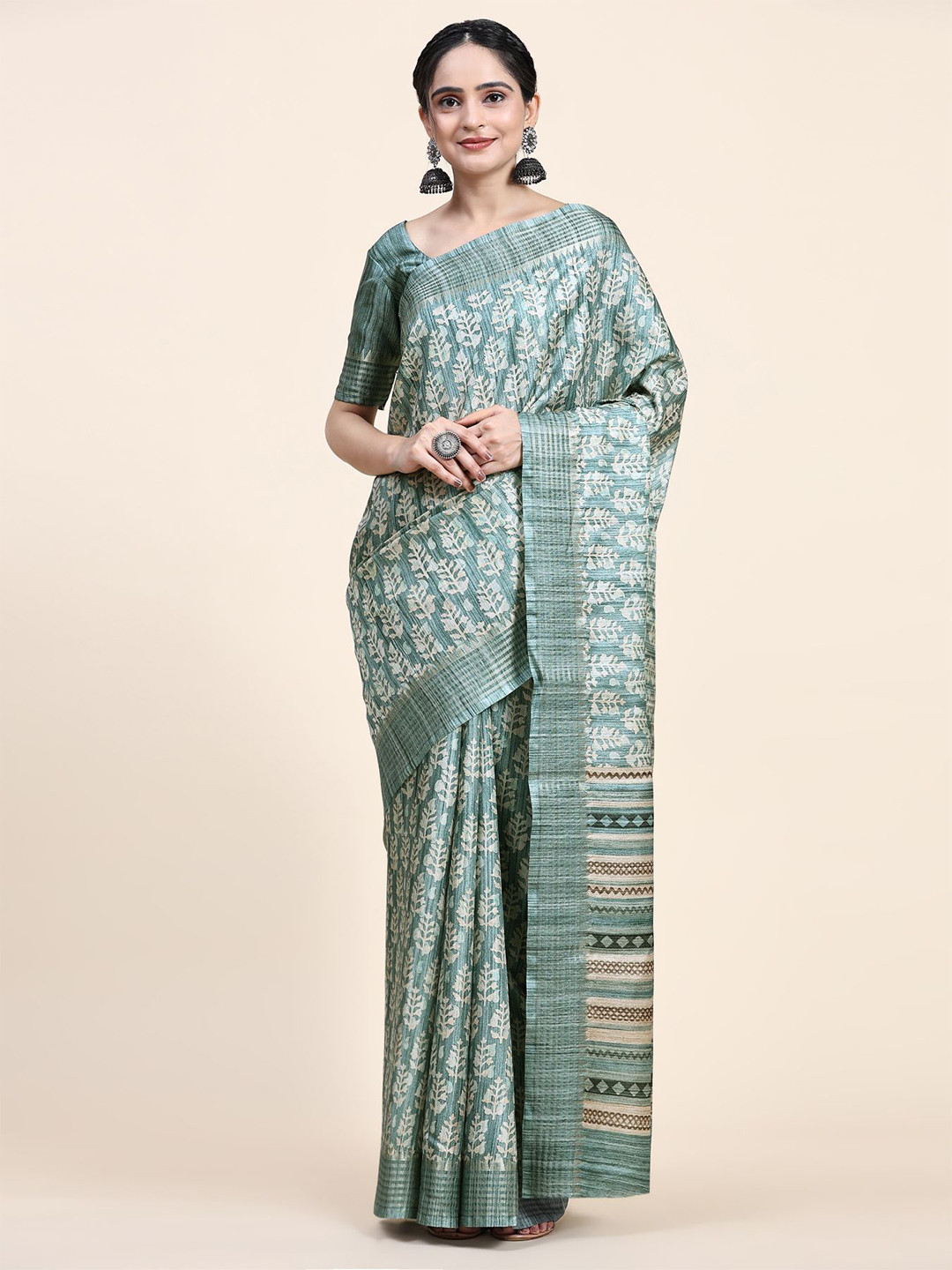 

RACHNA Floral Printed Zari Pure Silk Tussar Saree, Green