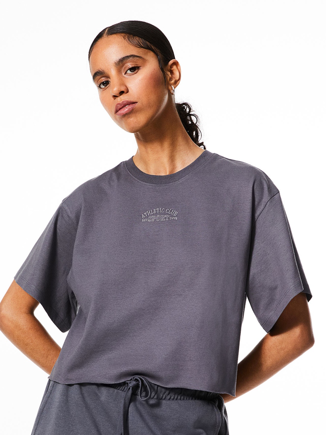 

H&M Boxy-Style Embroidered T-shirt, Grey