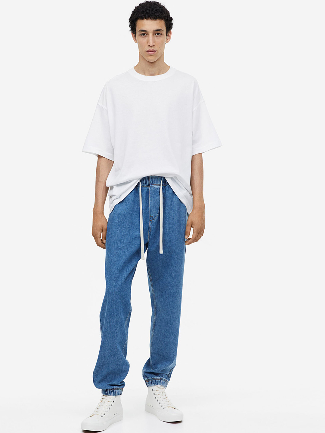 

H&M Men Pure Cotton Relaxed Denim Joggers, Blue