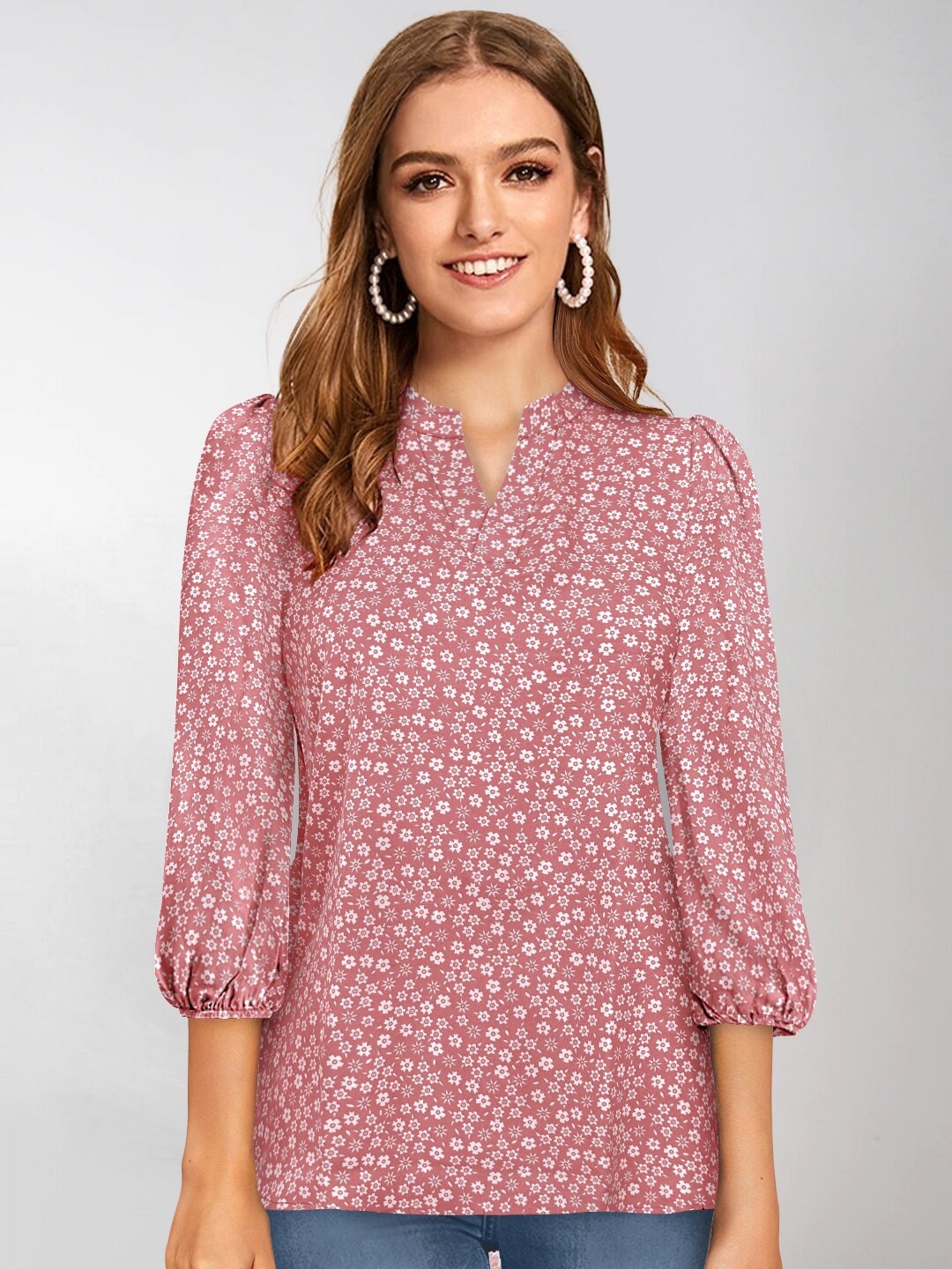 

KERI PERRY Floral Printed Mandarin Collar Puff Sleeves Top, Peach