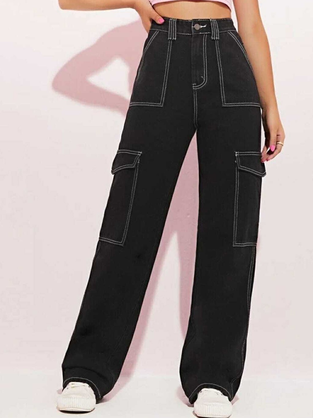 

BROADSTAR Women Smart Clean Look Wide Leg High-Rise Cotton Stretchable Jeans, Black
