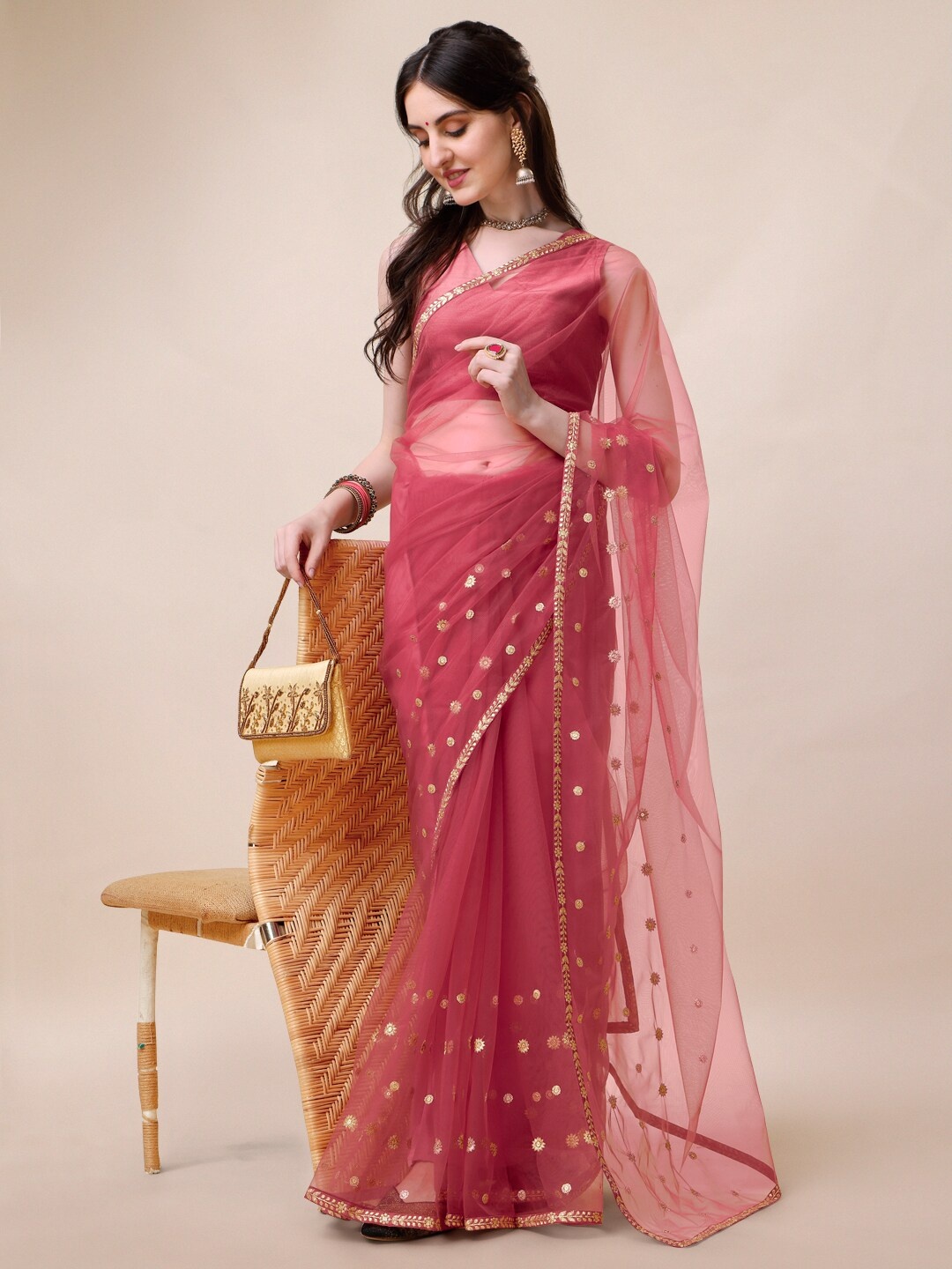 

Sangria Women Zari Sequines Embroidered Saree with Blouse Piece, Pink